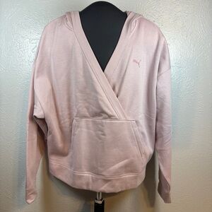 NWT Puma 689771 04 ESS V Neck Hoodie Mauve Mist Crossover Sweater Light Pink XL